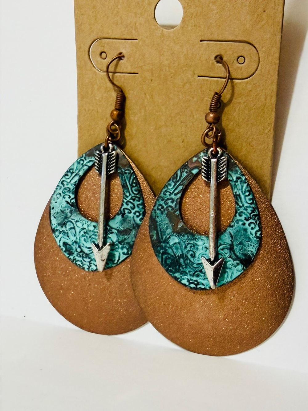 Copper Patina Teardrop Earrings w/ Silver Arrow‎